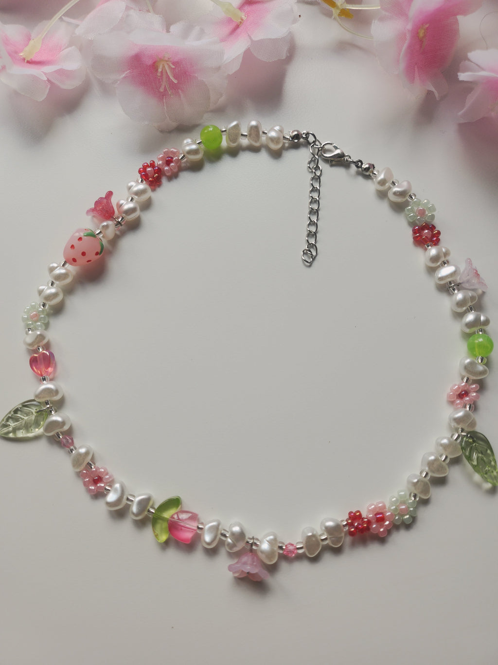 Collier fleur - Rose & Vert - V3