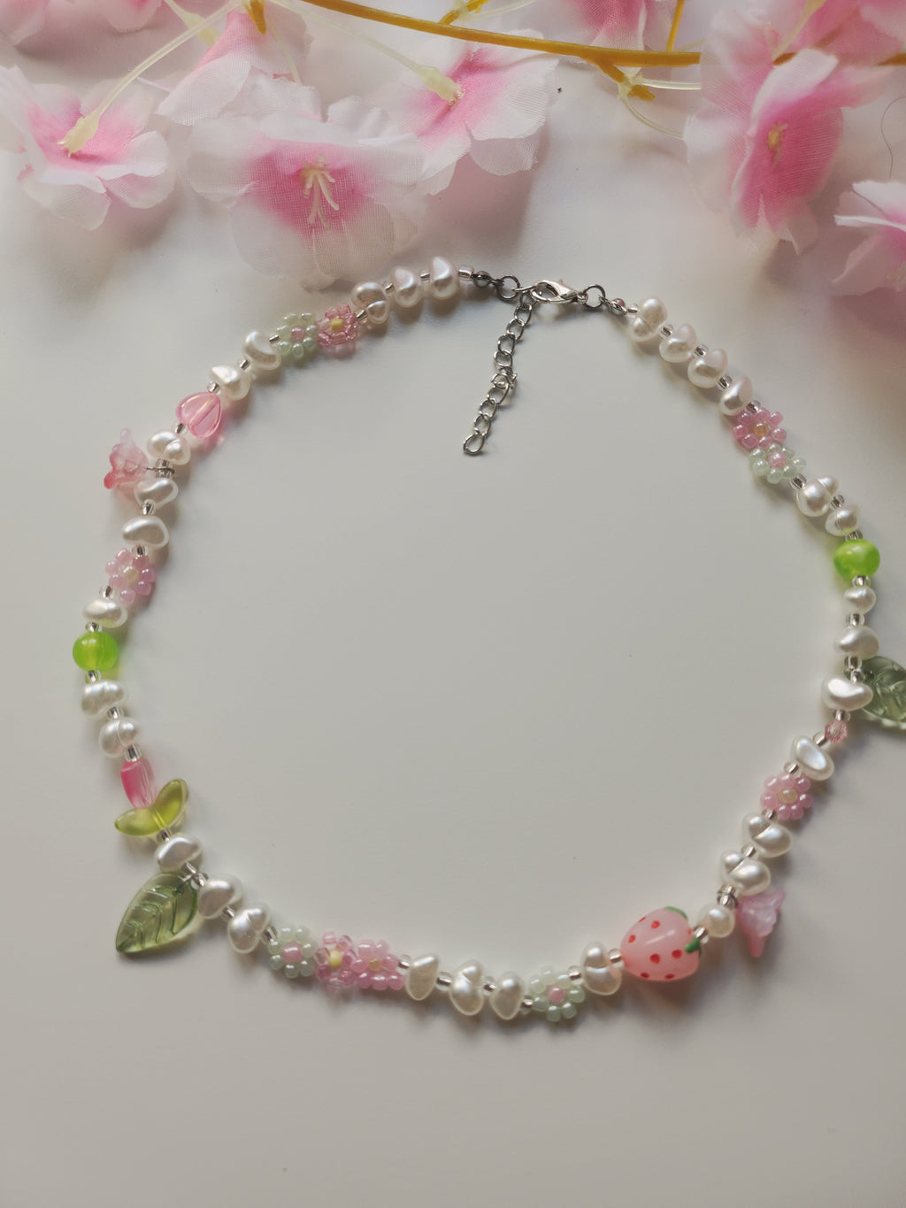 Collier fleur - Rose & Vert - V2