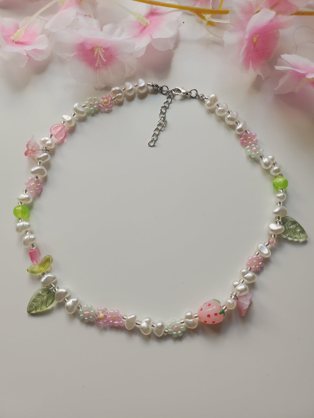Collier fleur - Rose & Vert - V2