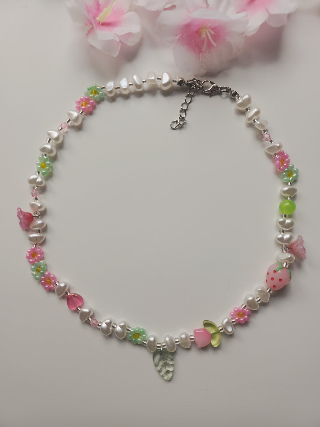 Collier fleur - Rose & Vert - V1