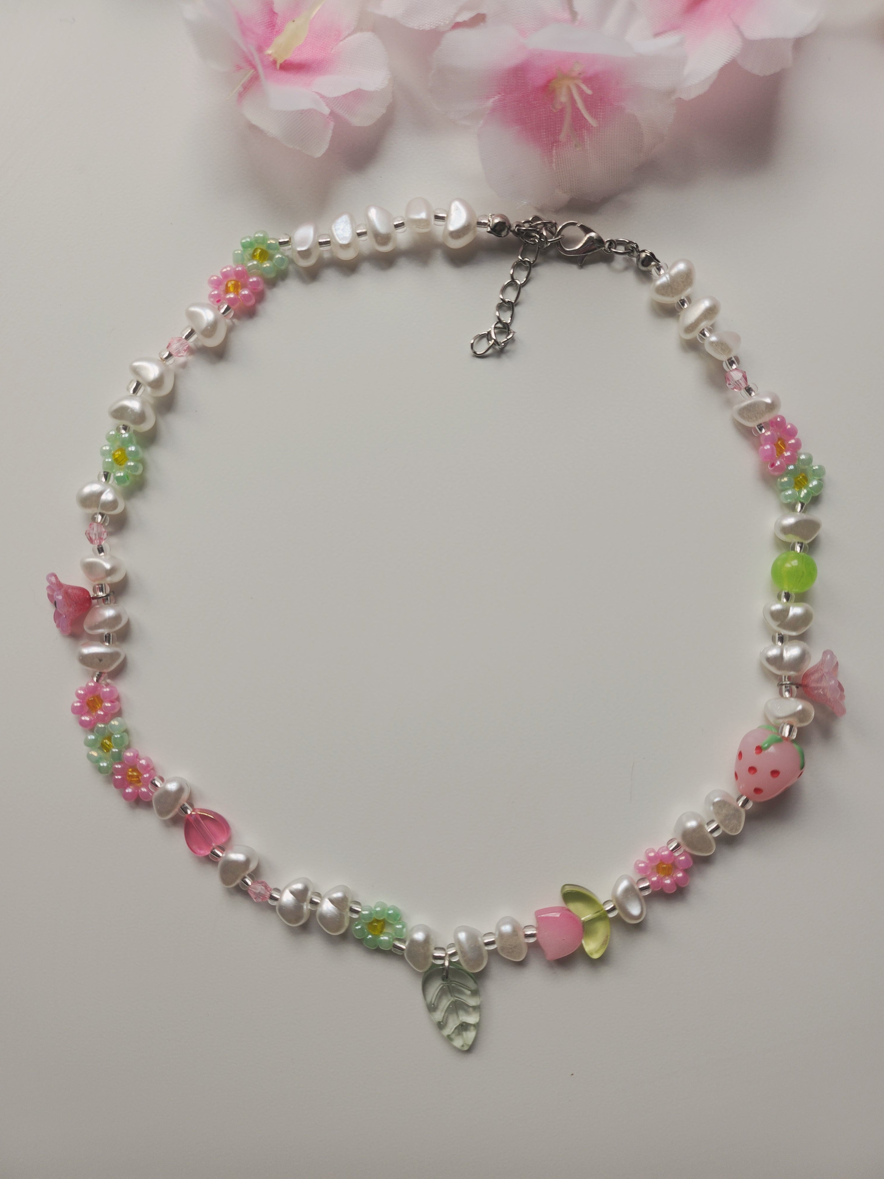 Collier fleur - Rose & Vert - V1