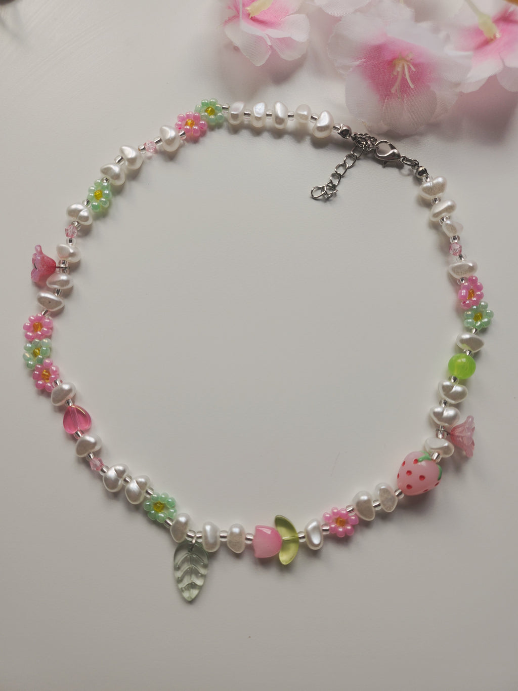 Collier fleur - Rose & Vert - V1