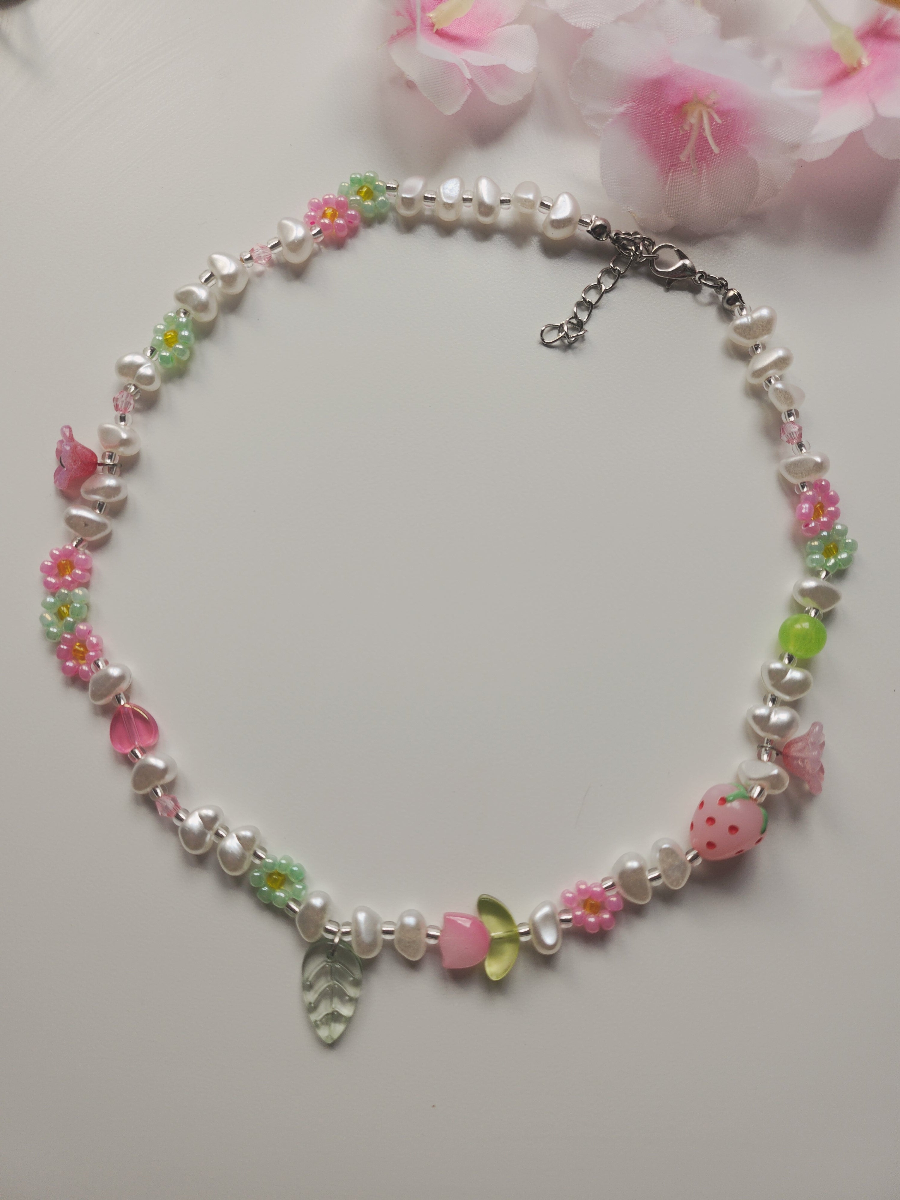 Collier fleur - Rose & Vert - V1