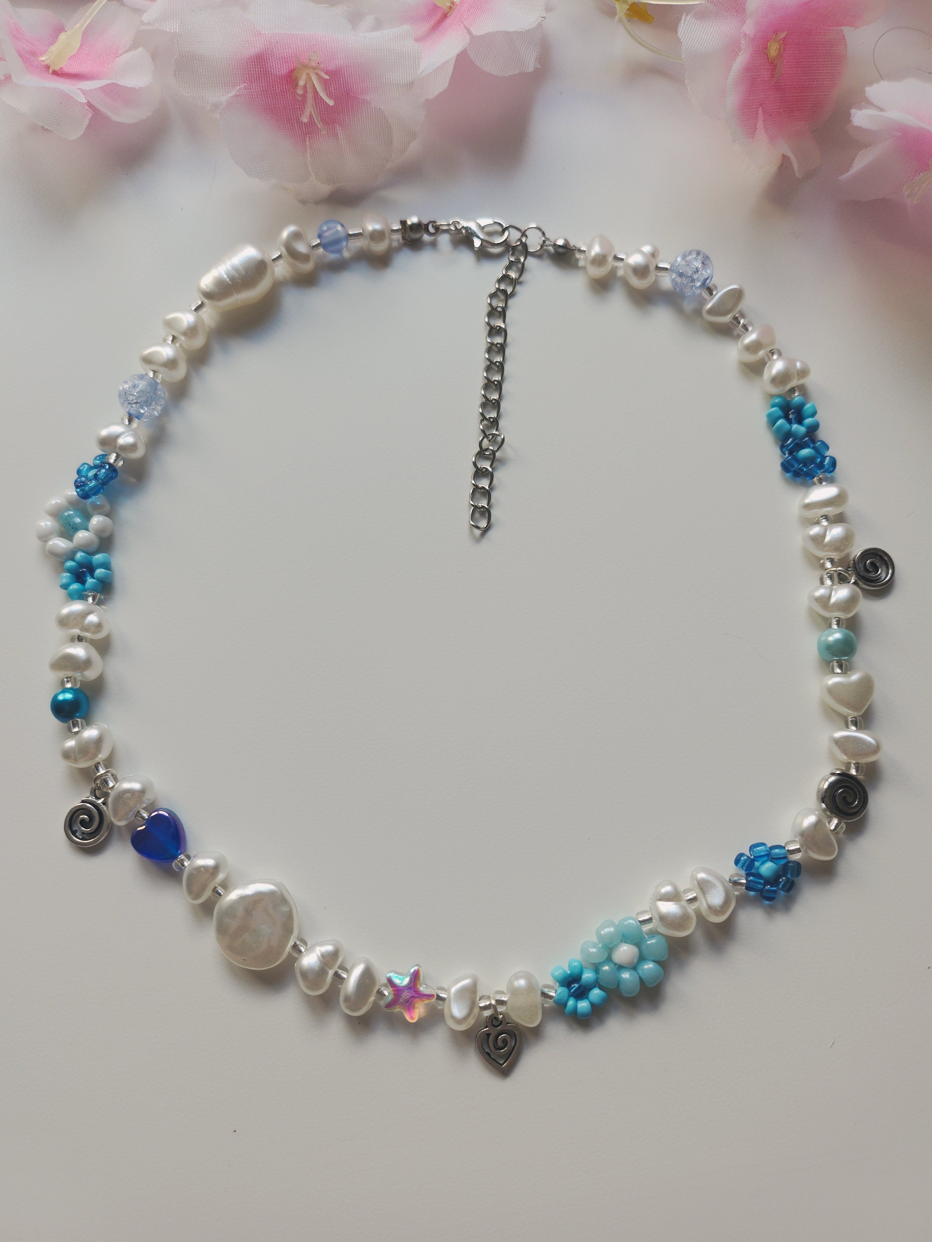 Collier fleur - Bleu & blanc - V1