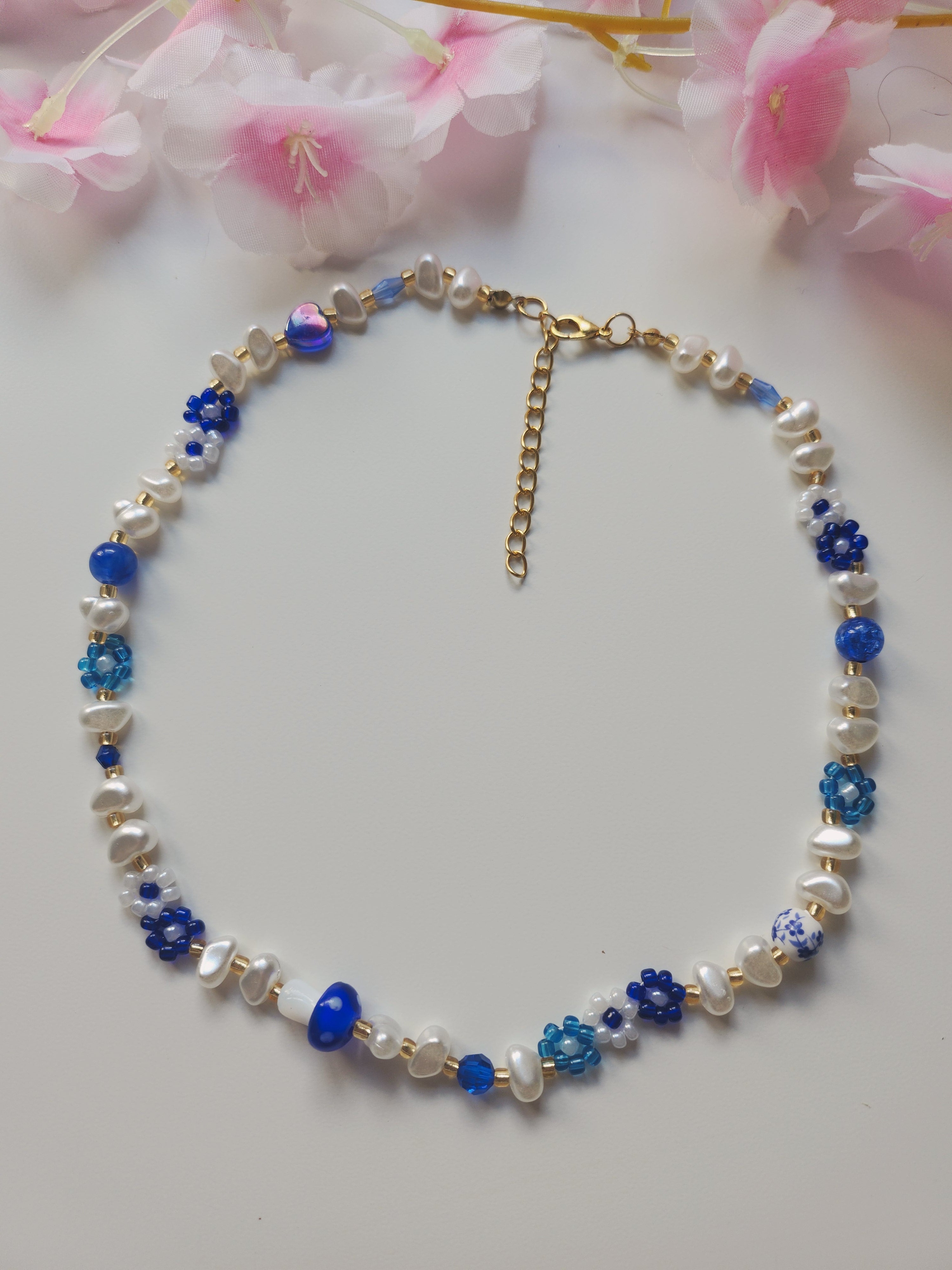 Collier fleur - Bleu & Blanc - "Porcelaine"